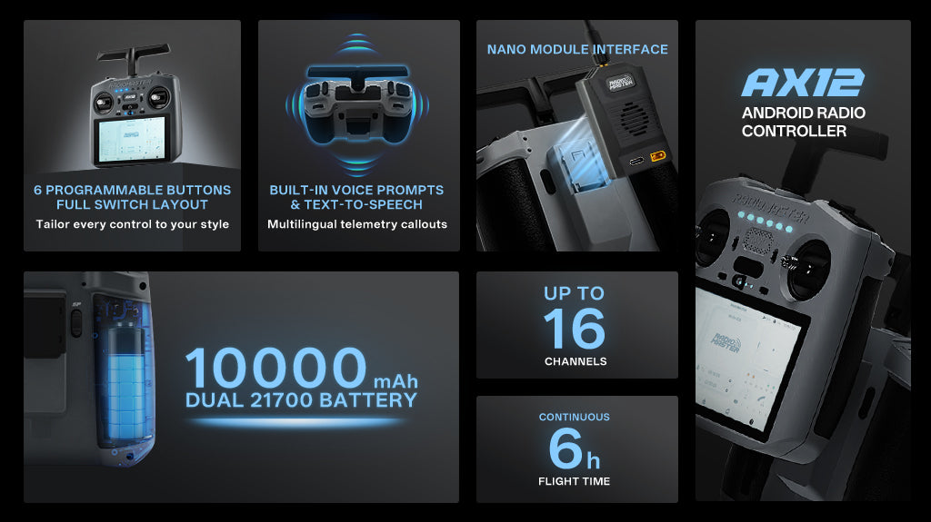 10000mAh dual 21700 battery, up to 16 channels, continuous 6h flight time, voice prompts, nano module