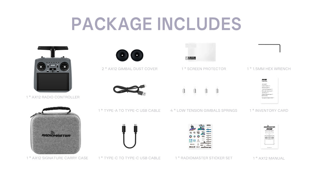 Package includes — официальный список комплектации AX12