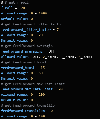 Пример значений Feedforward в CLI