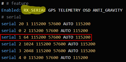 Назначение порта приёмника в CLI: serial 1 64 ...