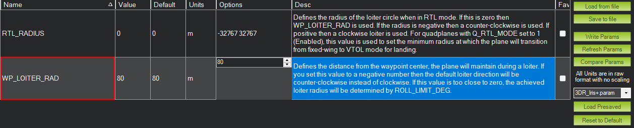 Параметры WP_LOITER_RAD и RTL_RADIUS, радиус в метрах