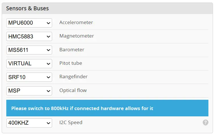Configuration Sensors and Buses: типы датчиков и I2C speed