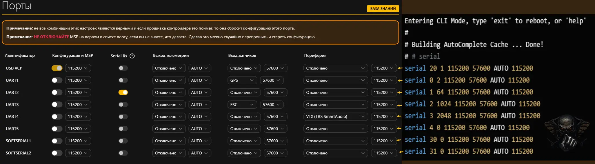 Окно CLI с выводом команды serial: порт, маска функций и четыре скорости