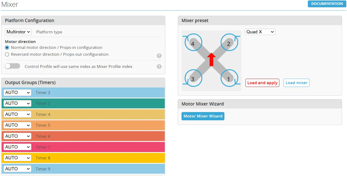 Mixer: platform type, motor direction, output groups, Quad X preset and motor mixer