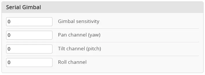 Настройки Serial Gimbal: чувствительность и каналы pan, tilt, roll