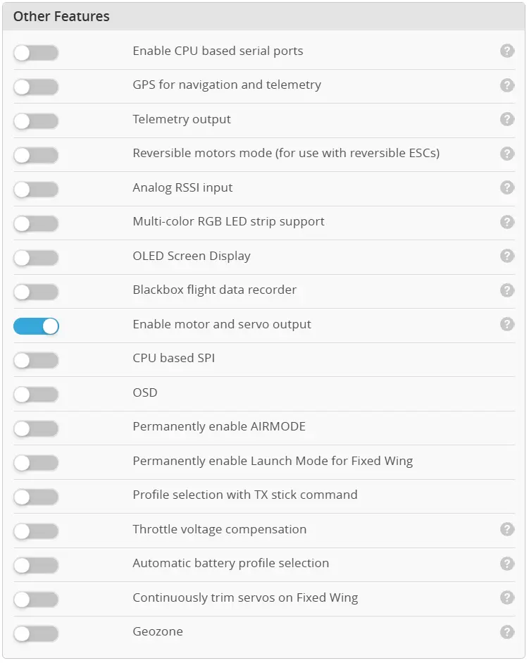 Поля Other Features в снимке Configuration: функции и состояния переключателей