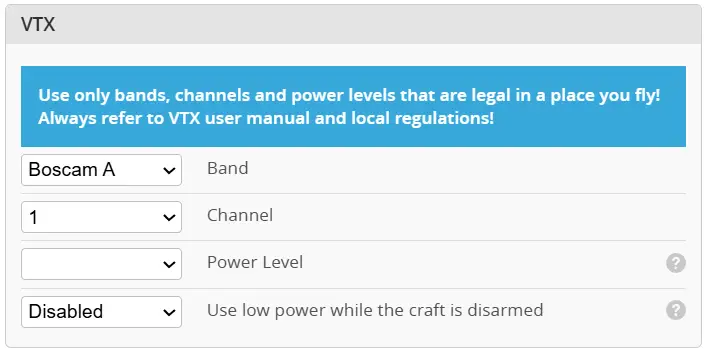 Поля VTX: band, channel, power level и поведение при disarmed